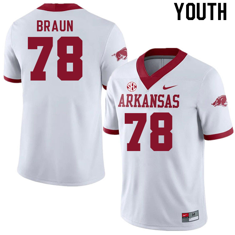 Youth #78 Joshua Braun Arkansas Razorback College Football Jerseys Stitched Sale-Alternate White
